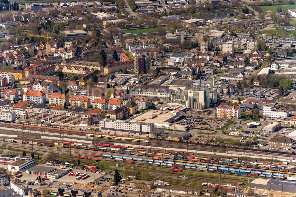 Offenburg from the bird's eye view: Tracks of Abstellgleise and Rongier Anlagen at the depot of the operating plant in Offenburg in the state Baden-Wurttemberg, Germany