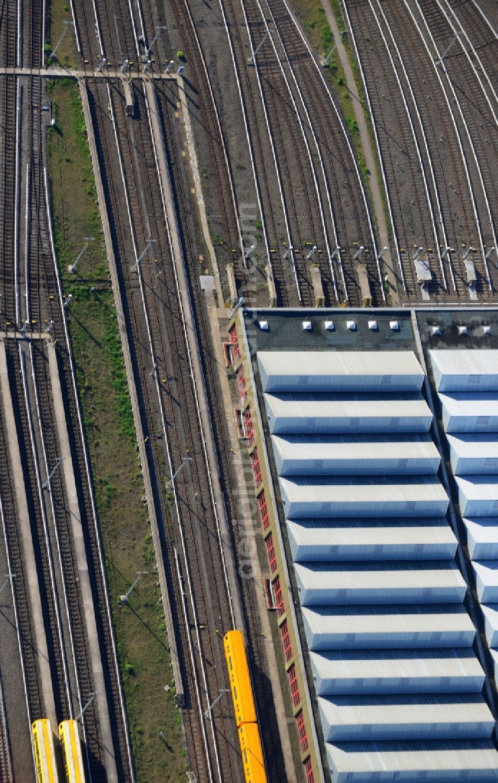 Berlin from above - Trackage subway BVB at the depot of the operating plant in Berlin Britz