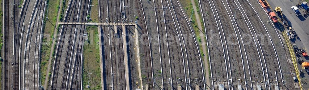 Berlin from the bird's eye view: Trackage subway BVB at the depot of the operating plant in Berlin Britz