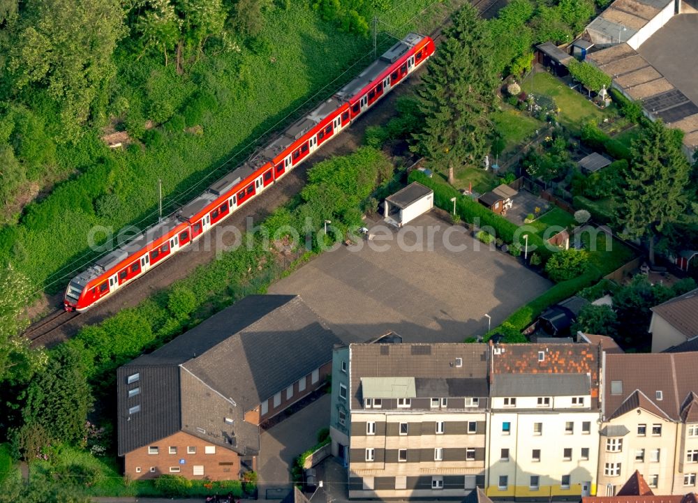 Gelsenkirchen from above - Trackage and S-Bahn train of the Verkehrsverbund Rhein-Ruhr (VVB) in Gelsenkirchen in North Rhine-Westphalian, Germnay