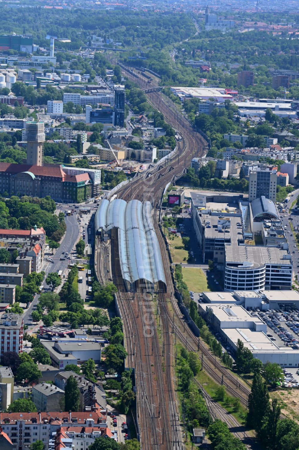 Berlin from above - Tracks of the Spandau S-Bahn station and the Spandau Arcaden shopping centre on Klosterstrasse in the Spandau district of Berlin, Germany