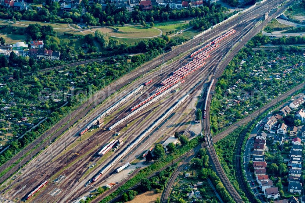 Karlsruhe from above - Tracks of beim Central Station at the depot of the operating plant in Karlsruhe in the state Baden-Wurttemberg, Germany