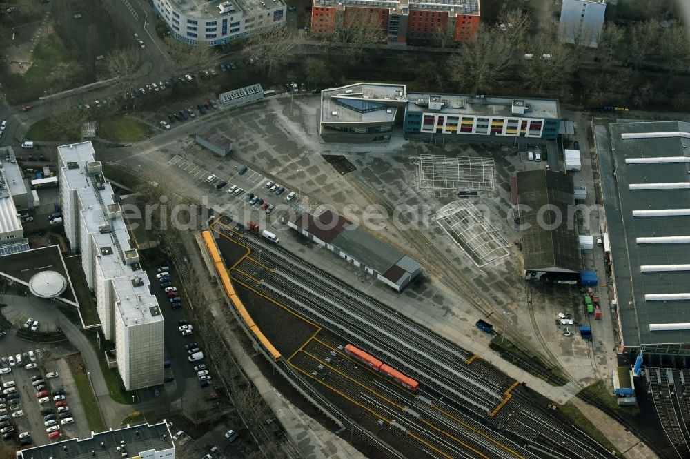 Aerial image Berlin - Tracks of BVG U-Bahn Betriebswerkstatt Friedrichsfelde at the depot of the operating plant in Berlin in Germany