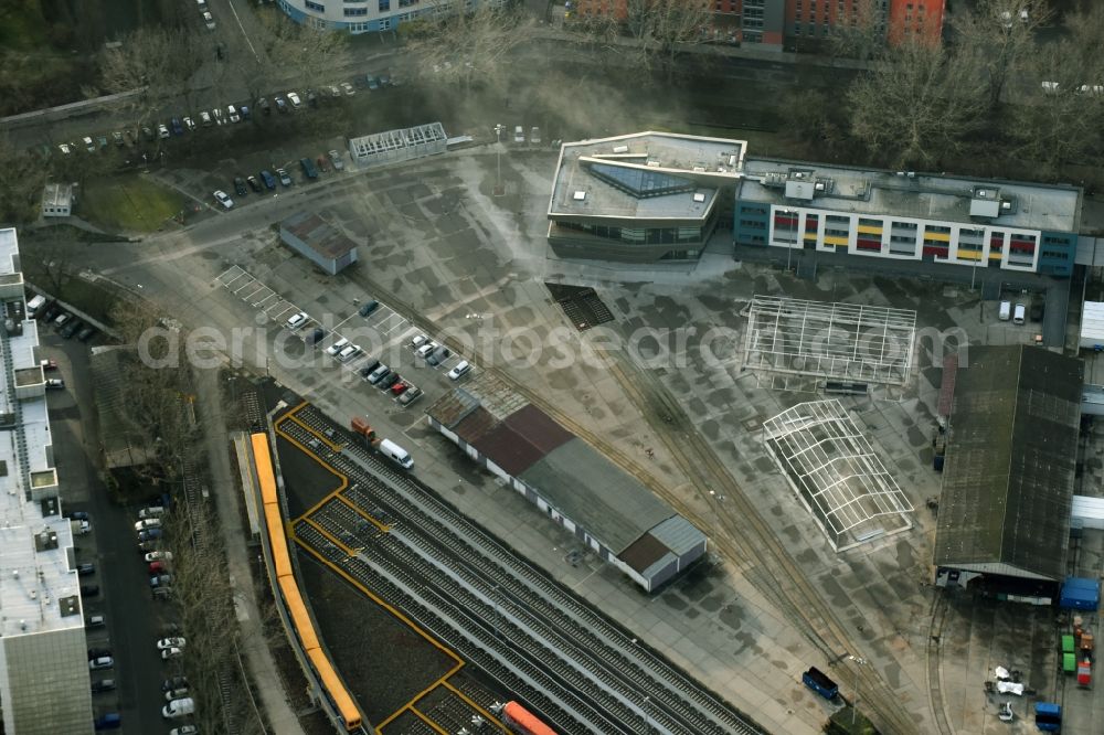 Aerial photograph Berlin - Tracks of BVG U-Bahn Betriebswerkstatt Friedrichsfelde at the depot of the operating plant in Berlin in Germany