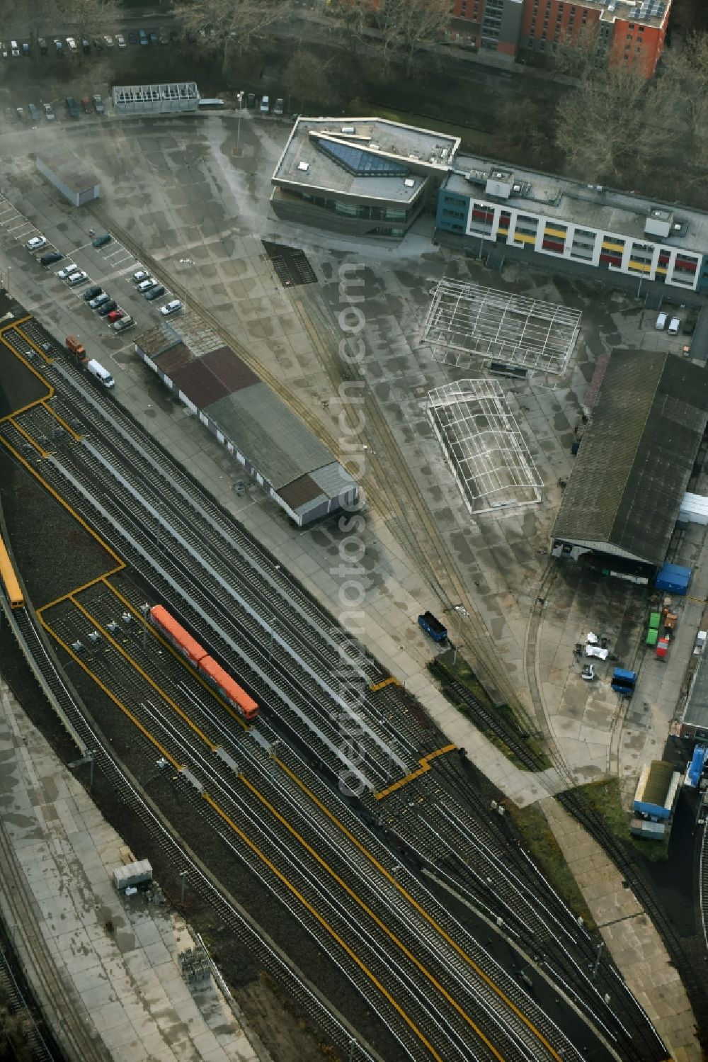 Berlin from above - Tracks of BVG U-Bahn Betriebswerkstatt Friedrichsfelde at the depot of the operating plant in Berlin in Germany