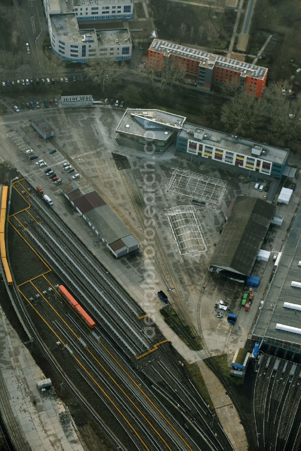 Berlin from the bird's eye view: Tracks of BVG U-Bahn Betriebswerkstatt Friedrichsfelde at the depot of the operating plant in Berlin in Germany