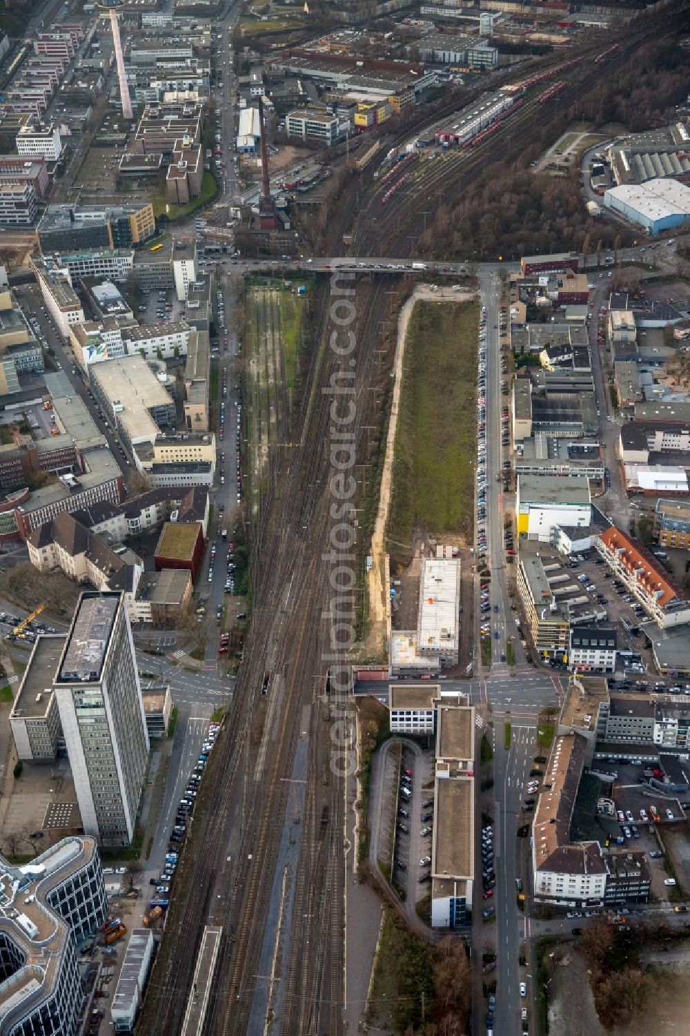 Aerial image Essen - Tracks of Deutschen Bahn at the depot of the operating plant in Essen in the state North Rhine-Westphalia