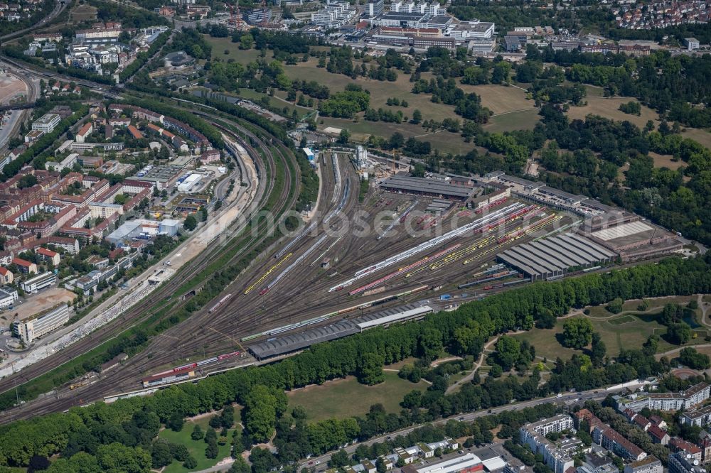 Stuttgart from the bird's eye view: Tracks of Deutschen Bahn AG at the depot of the operating plant in Stuttgart in the state Baden-Wurttemberg, Germany