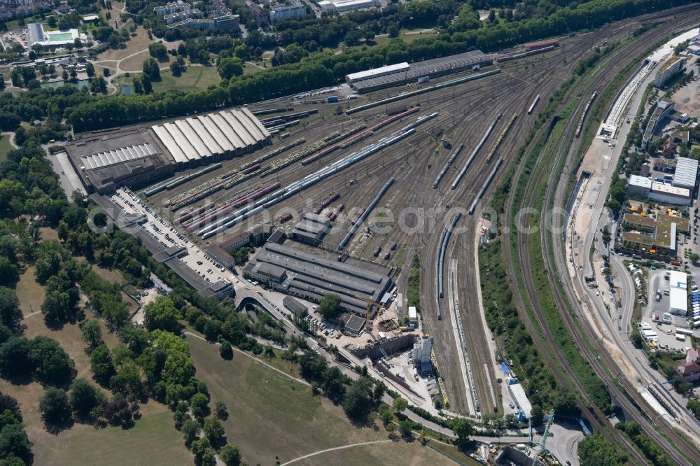 Stuttgart from above - Tracks of Deutschen Bahn AG at the depot of the operating plant in Stuttgart in the state Baden-Wurttemberg, Germany