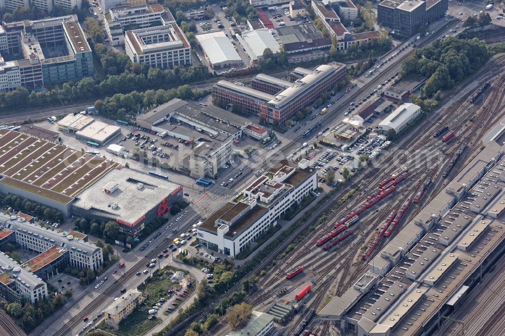 Aerial image München - Railway tracks and buildings in the commercial area around the Landsberger Strasse and Friedrich von Pauli street in Munich Laim in the state of Bavaria, Germany