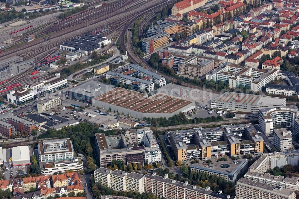 Aerial image München - Railway tracks and buildings in the commercial area around the Landsberger Strasse and Friedrich von Pauli street in Munich Laim in the state of Bavaria, Germany