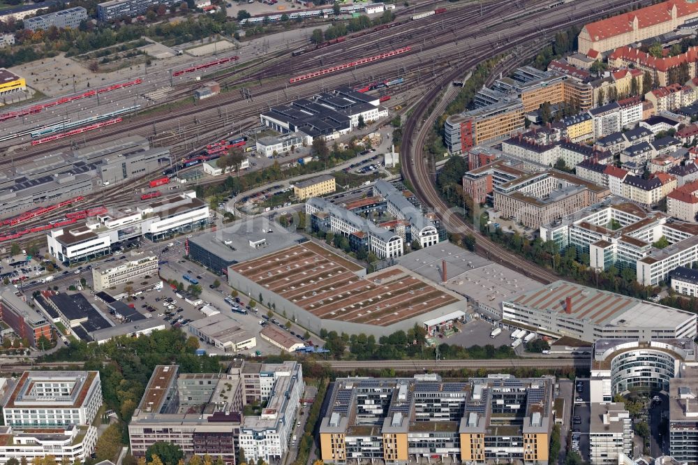 Aerial photograph München - Railway tracks and buildings in the commercial area around the Landsberger Strasse and Friedrich von Pauli street in Munich Laim in the state of Bavaria, Germany