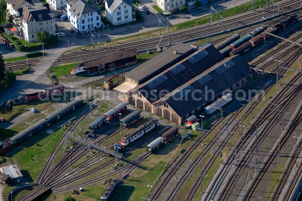 Romanshorn from above - Track systems of the SBB Romanshorn with maintenance, Locorama Eisenbahn Erlebniswelt and Autobau Erlebniswelt in Romanshorn in the canton of Thurgau, Switzerland