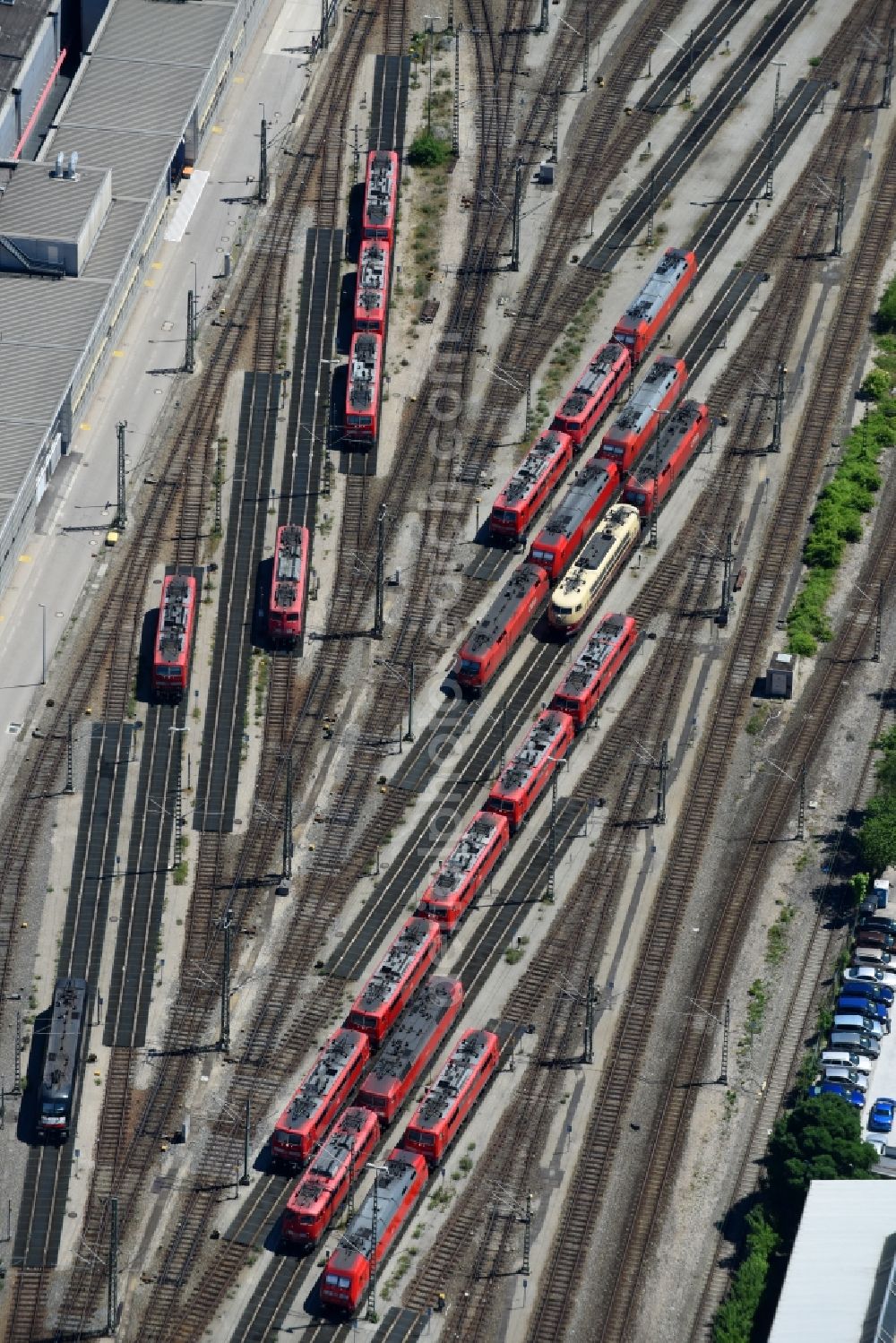 München from above - Tracks of locomotives at the depot of the operating plant in the district Laim in Munich in the state Bavaria, Germany