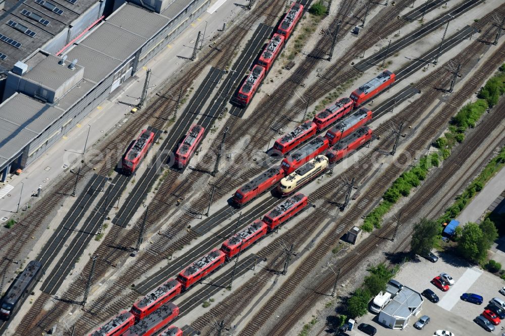 Aerial image München - Tracks of locomotives at the depot of the operating plant in the district Laim in Munich in the state Bavaria, Germany