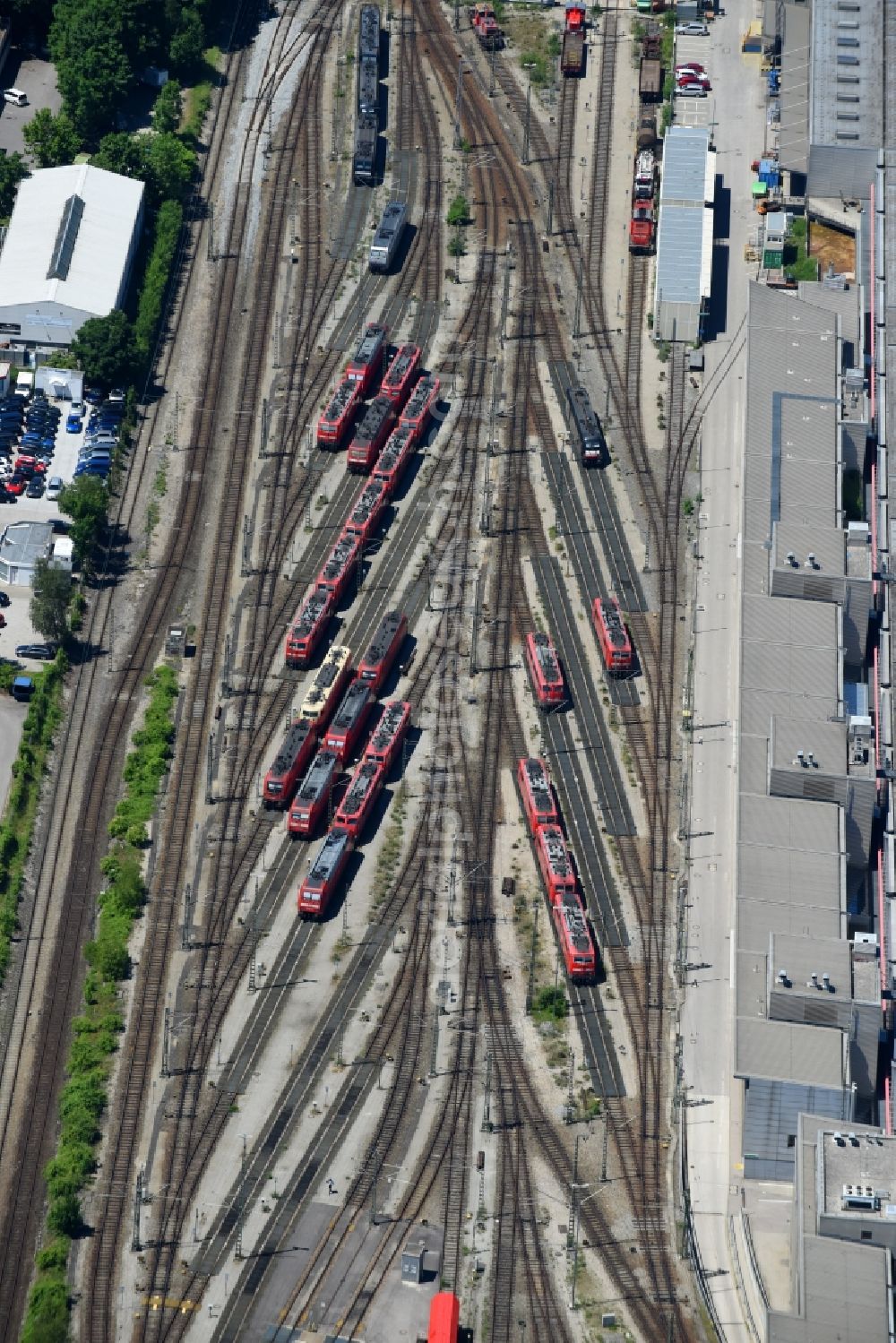 München from above - Tracks of locomotives at the depot of the operating plant in the district Laim in Munich in the state Bavaria, Germany