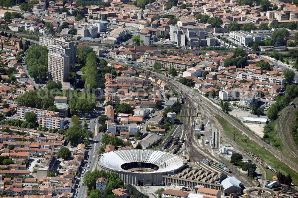 Avignon from above - Trackage and rail routes on the roundhouse - locomotive hall of the railway operations work on Avennue Pierre Semard in Avignon in Provence-Alpes-Cote d'Azur, France