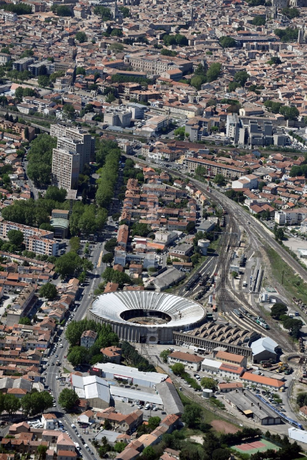 Avignon from above - Trackage and rail routes on the roundhouse - locomotive hall of the railway operations work on Avennue Pierre Semard in Avignon in Provence-Alpes-Cote d'Azur, France