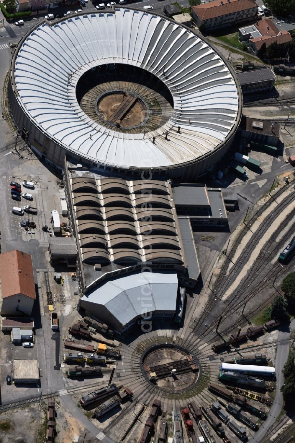 Avignon from above - Trackage and rail routes on the roundhouse - locomotive hall of the railway operations work on Avennue Pierre Semard in Avignon in Provence-Alpes-Cote d'Azur, France