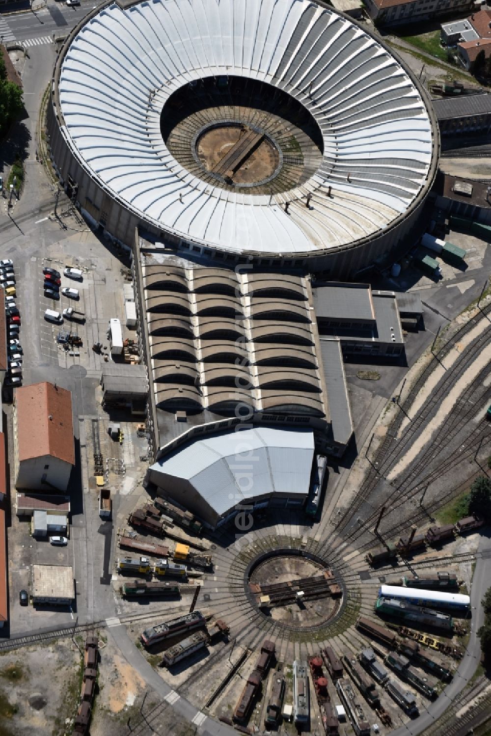 Avignon from the bird's eye view: Trackage and rail routes on the roundhouse - locomotive hall of the railway operations work on Avennue Pierre Semard in Avignon in Provence-Alpes-Cote d'Azur, France