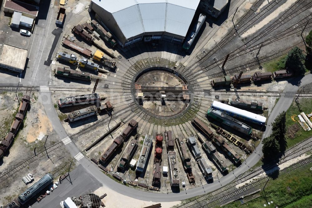 Avignon from above - Trackage and rail routes on the roundhouse - locomotive hall of the railway operations work on Avennue Pierre Semard in Avignon in Provence-Alpes-Cote d'Azur, France