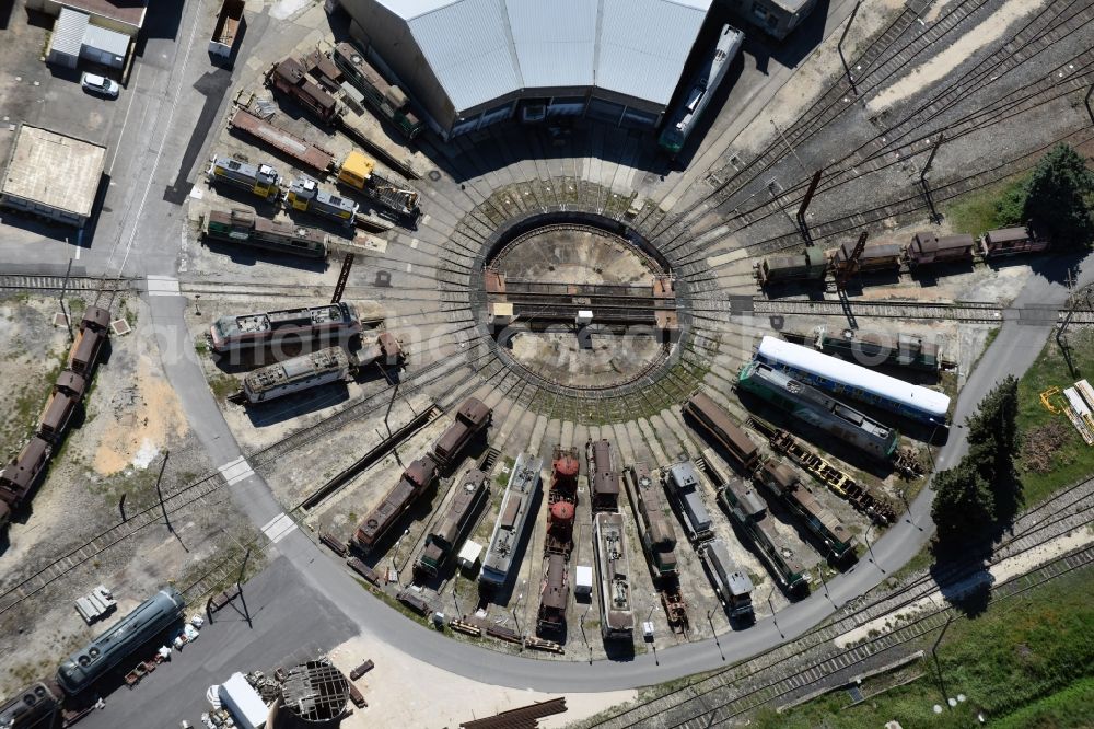 Avignon from the bird's eye view: Trackage and rail routes on the roundhouse - locomotive hall of the railway operations work on Avennue Pierre Semard in Avignon in Provence-Alpes-Cote d'Azur, France