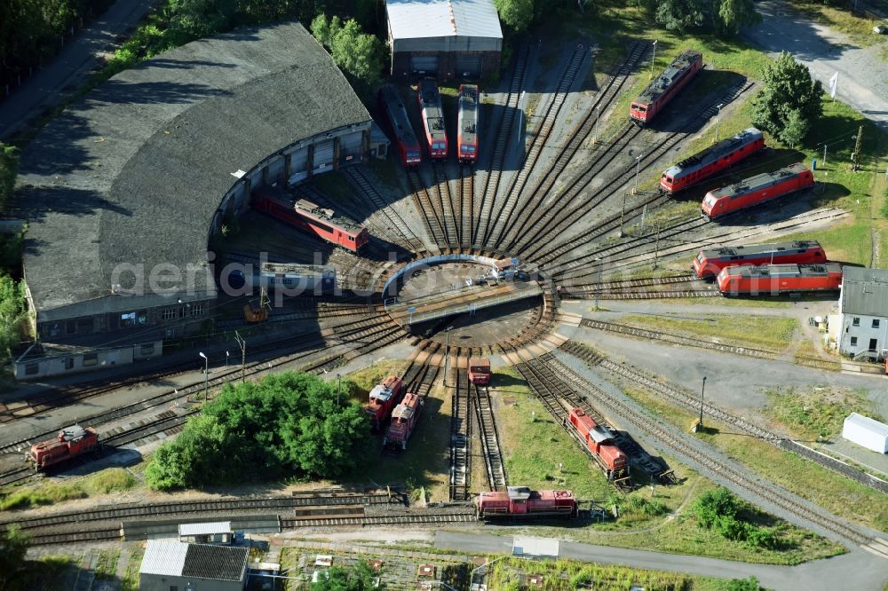 Leipzig from above - Trackage and rail routes on the roundhouse - locomotive hall of the railway operations work Engelsdorf in Leipzig in the state Saxony