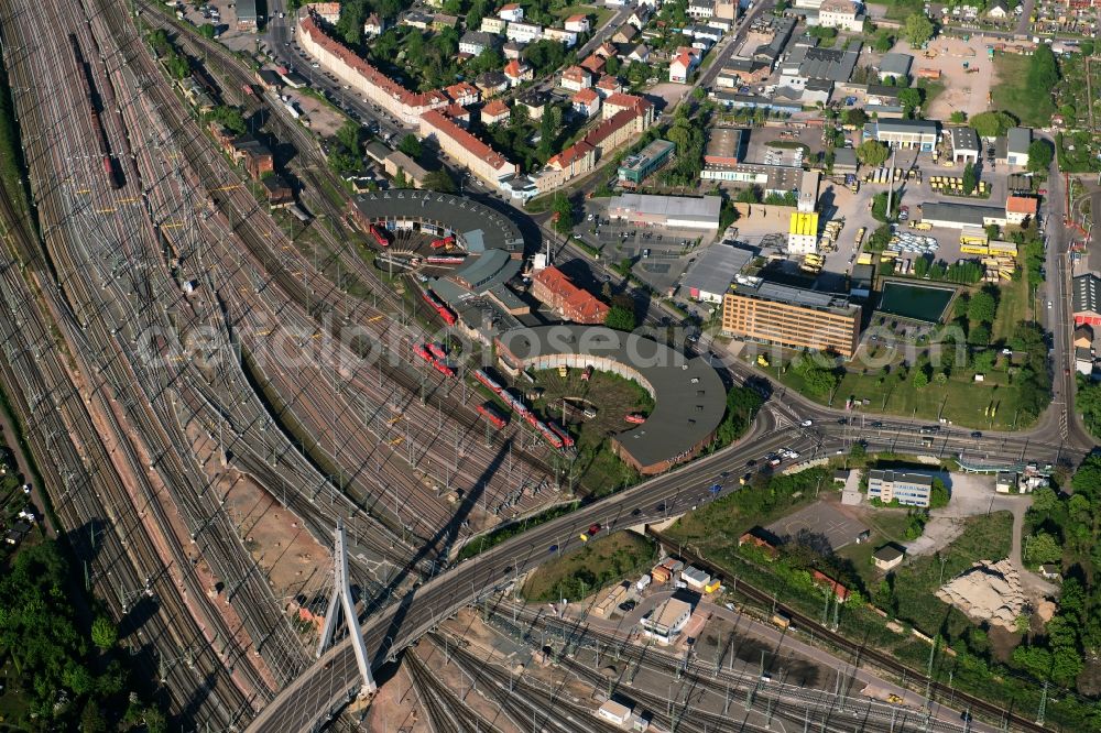 Halle (Saale) from above - Trackage and rail routes on the roundhouse - locomotive hall of the railway operations work in Halle (Saale) in the state Saxony-Anhalt, Germany