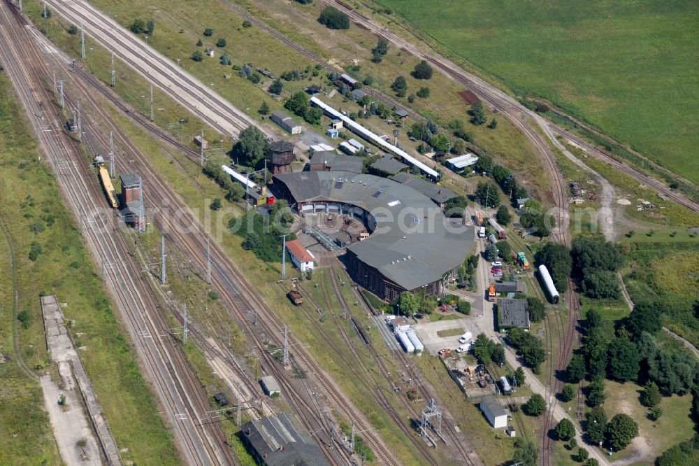 Pasewalk from above - Trackage and rail routes on the roundhouse - locomotive hall of the railway operations work Lokschuppen Pomerania in Pasewalk in the state Mecklenburg - Western Pomerania, Germany