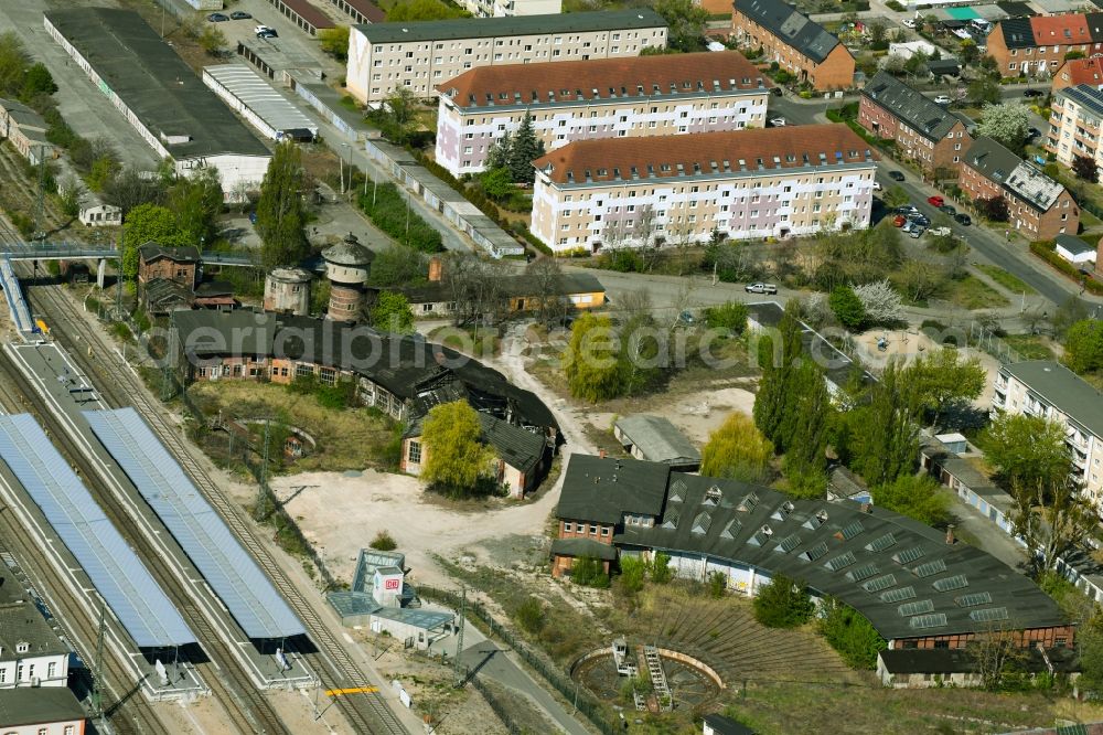 Neubrandenburg from above - Trackage and rail routes on the roundhouse - locomotive hall of the railway operations work in the district Kuessow in Neubrandenburg in the state Mecklenburg - Western Pomerania, Germany