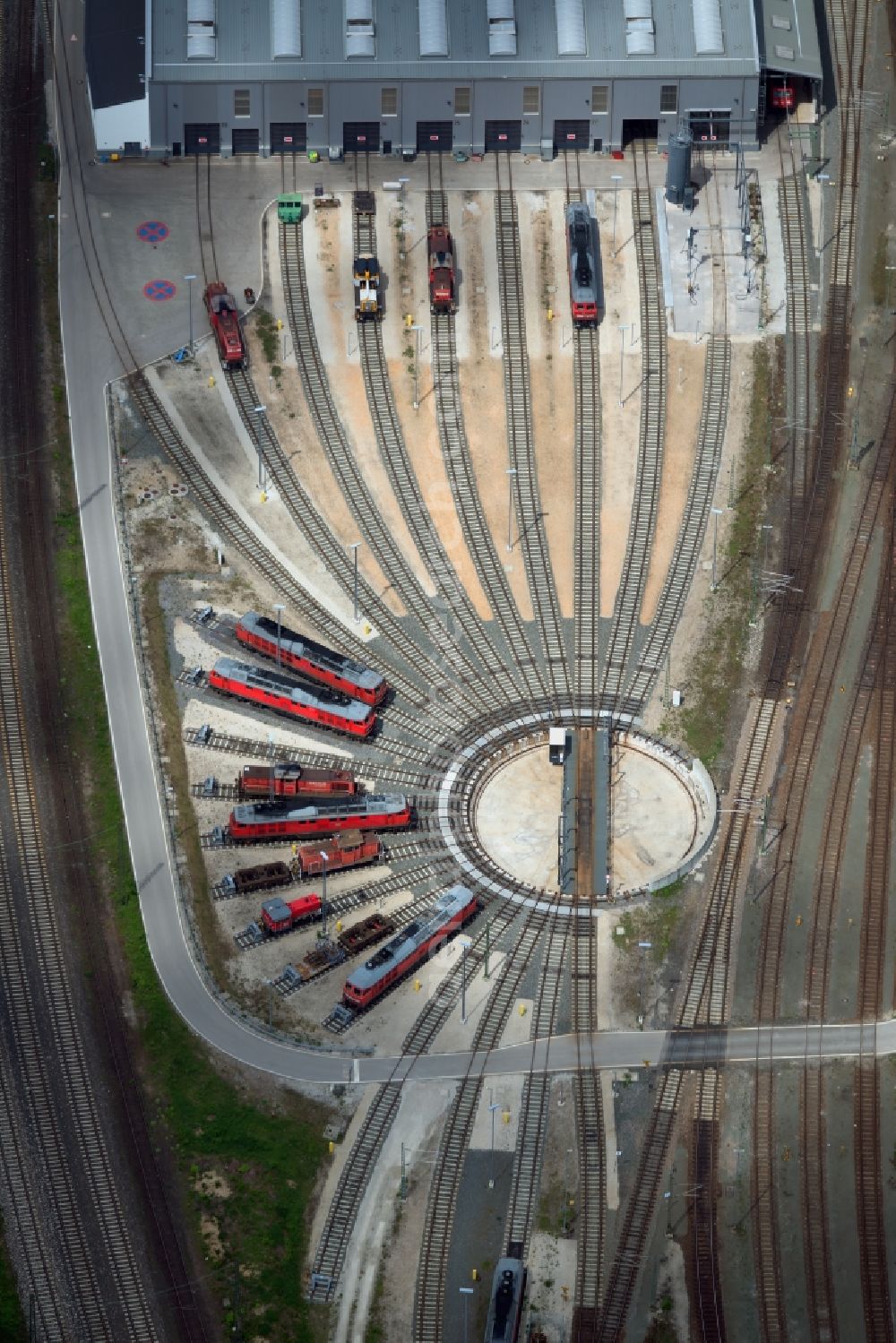 Nürnberg from above - Trackage and rail routes on the roundhouse - locomotive hall of the railway operations work in the district Rangierbahnhof in Nuremberg in the state Bavaria, Germany