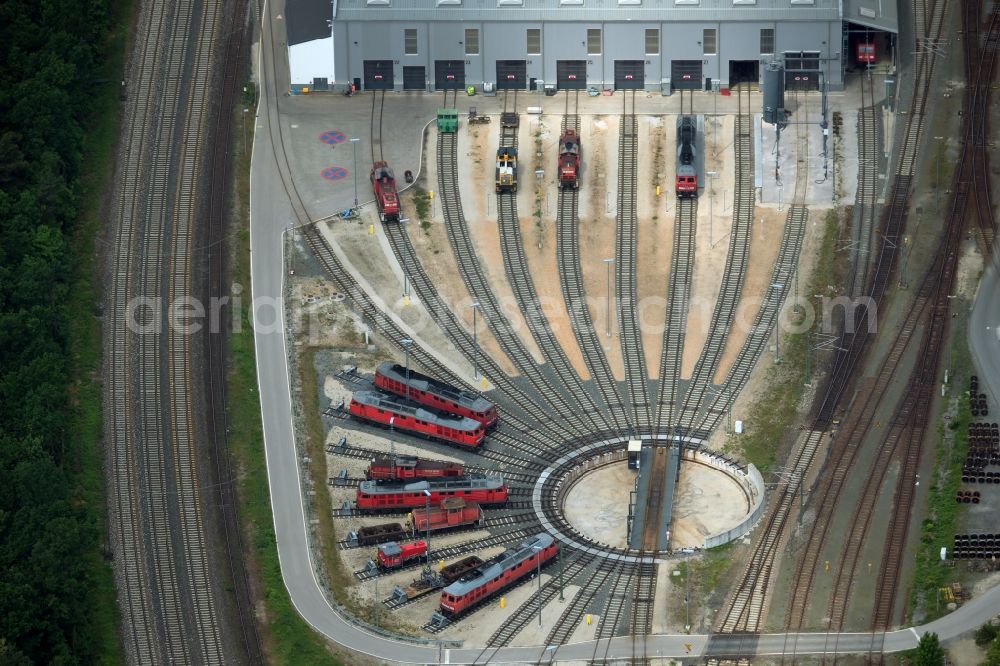 Aerial image Nürnberg - Trackage and rail routes on the roundhouse - locomotive hall of the railway operations work in the district Rangierbahnhof in Nuremberg in the state Bavaria, Germany