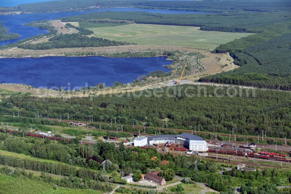 Senftenberg from above - Trackage and rail routes on the roundhouse - locomotive hall of the railway operations work in Senftenberg in the state Brandenburg, Germany