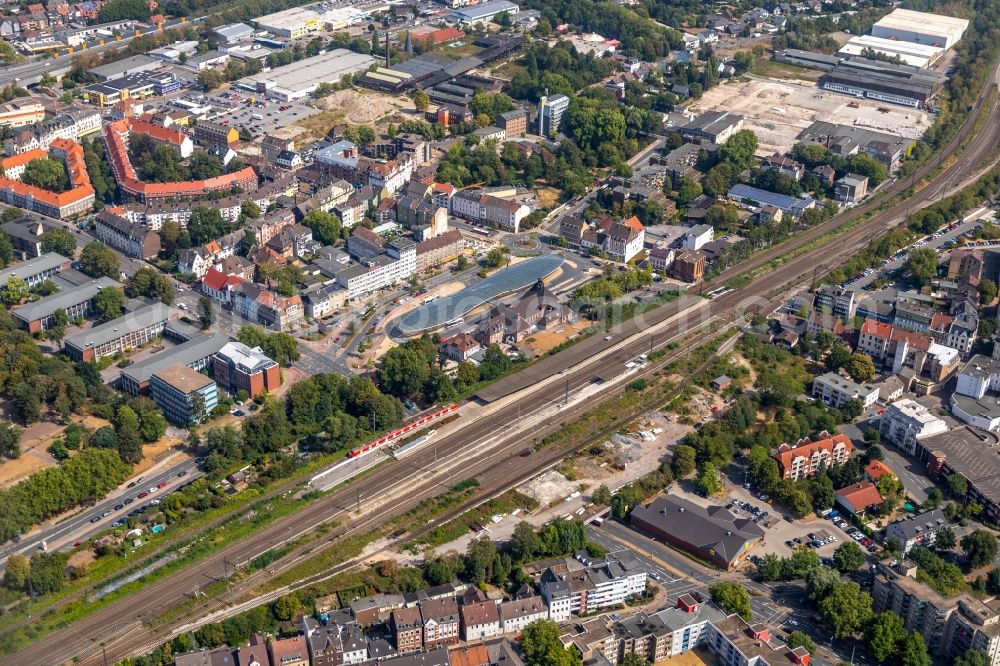 Herne from the bird's eye view: Railway tracks and rails of the railway station Herne of the German railway in Herne in the federal state North Rhine-Westphalia, Germany