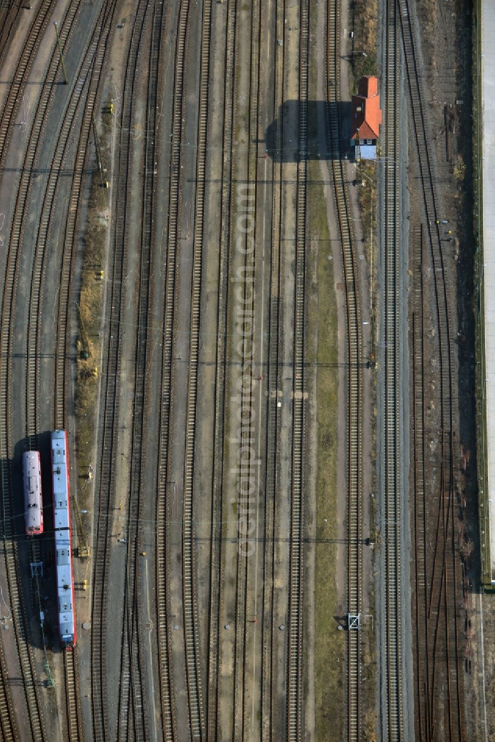 Aerial image Leipzig - Railway tracks and railway lines at the yard of the Deutsche Bahn in Leipzig in Saxony