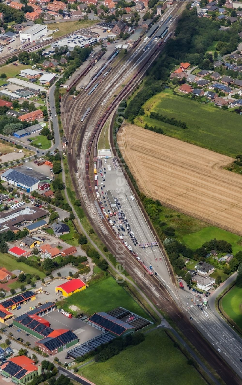 Niebüll from above - Track layout and railway operations building in Niebuell in the state Schleswig-Holstein, Germany