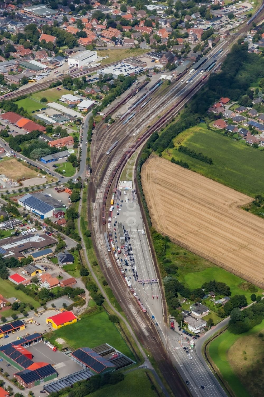 Niebüll from the bird's eye view: Track layout and railway operations building in Niebuell in the state Schleswig-Holstein, Germany