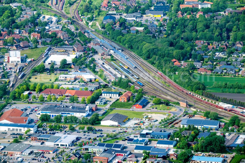 Niebüll from the bird's eye view: Track layout and railway operations building in Niebuell in the state Schleswig-Holstein, Germany