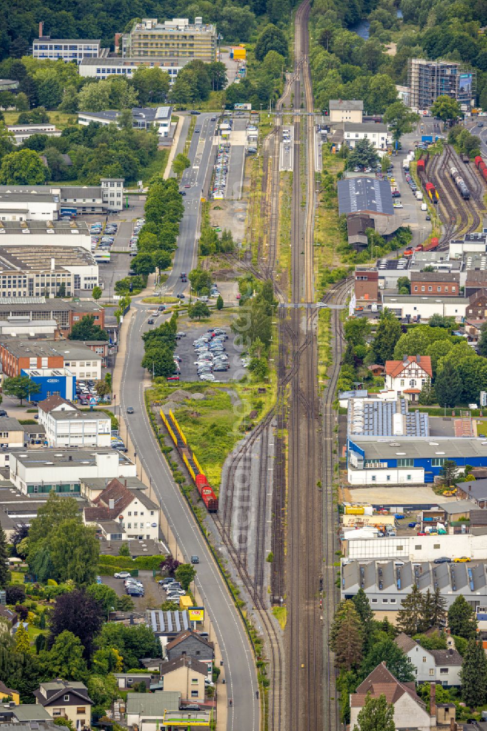 Arnsberg from above - Track layout at the Deutsche Bahn station Neheim-Huesten in Arnsberg in the Sauerland in the state of North Rhine-Westphalia, Germany