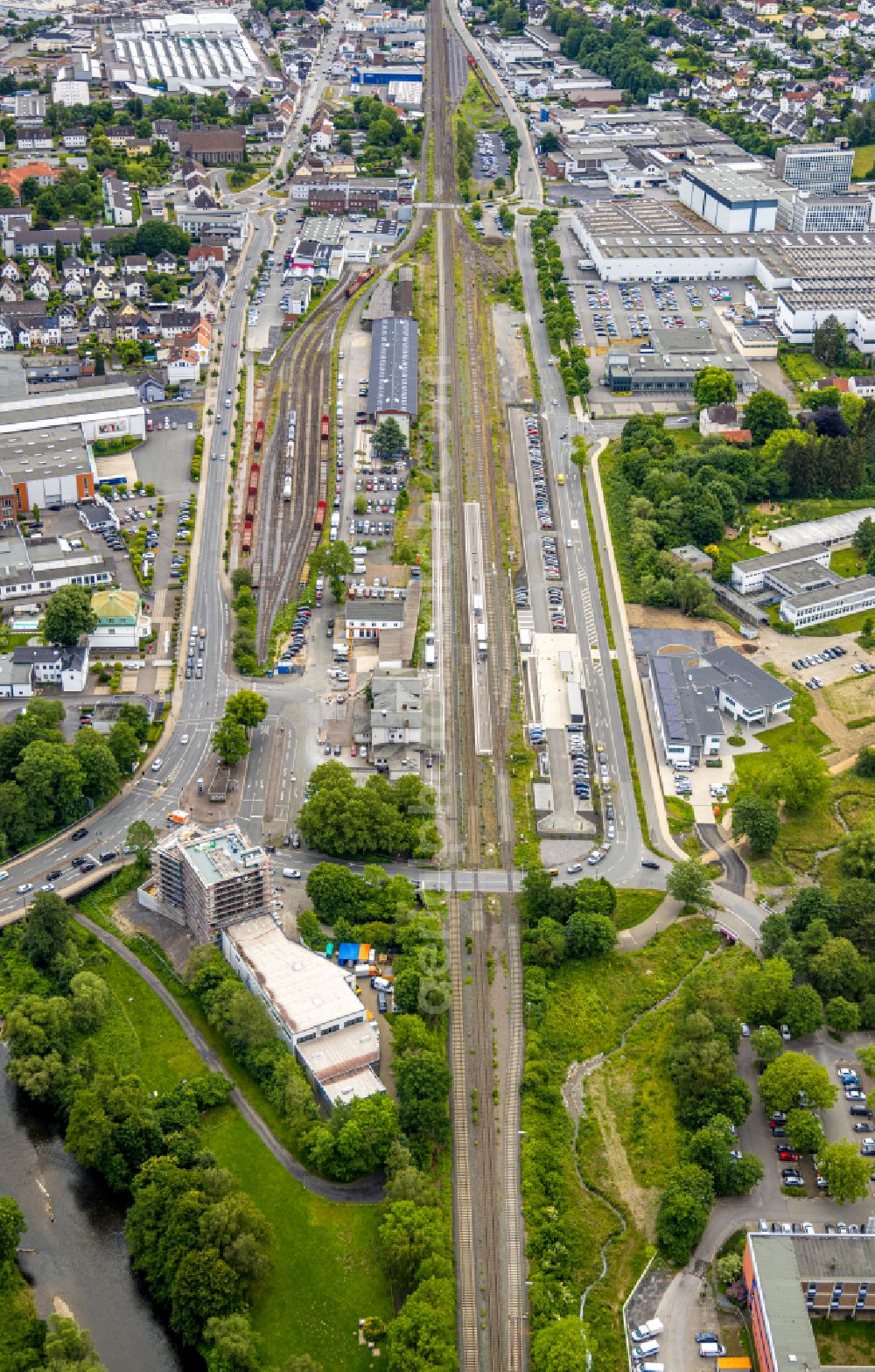 Arnsberg from the bird's eye view: Track layout at the Deutsche Bahn station Neheim-Huesten in Arnsberg in the Sauerland in the state of North Rhine-Westphalia, Germany