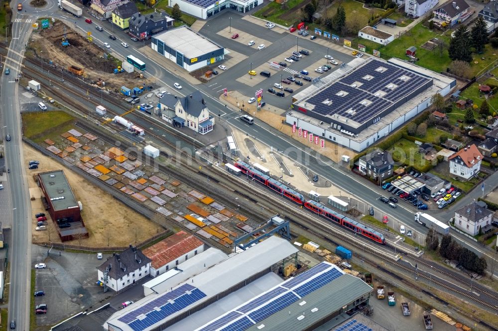 Bad Laasphe from above - Train station railway building in Bad Laasphe on Siegerland in the state North Rhine-Westphalia, Germany