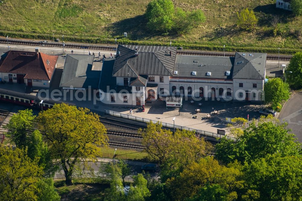 Bad Doberan from above - Station railway building with Baederbahn of the Deutsche Bahn in Bad Doberan in the state Mecklenburg - Western Pomerania, Germany