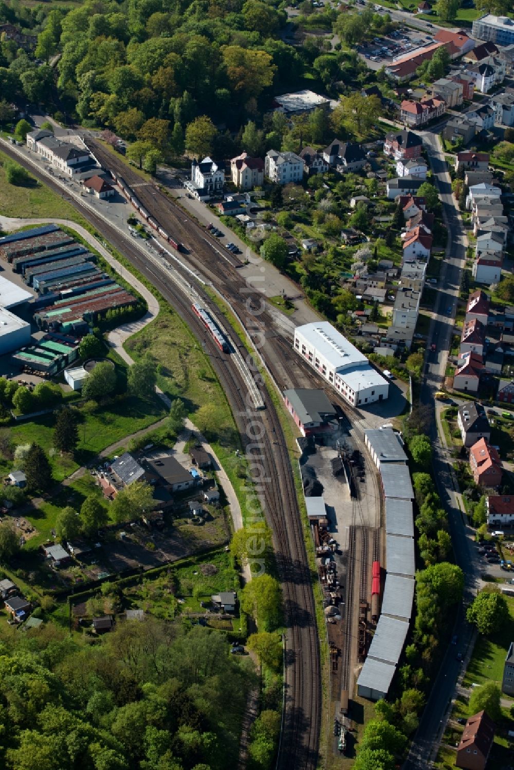 Aerial image Bad Doberan - Station railway building with Baederbahn of the Deutsche Bahn in Bad Doberan in the state Mecklenburg - Western Pomerania, Germany