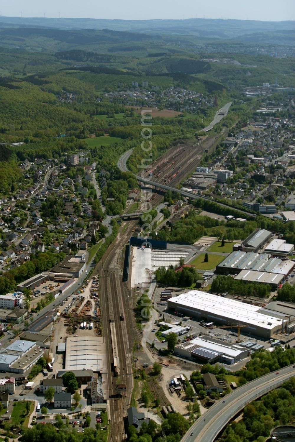 Kreuztal from above - Station railway building of Bahnhof Kreuztal of the Deutsche Bahn on Huettentalstrasse in the district Littfeld in Kreuztal in the state North Rhine-Westphalia, Germany