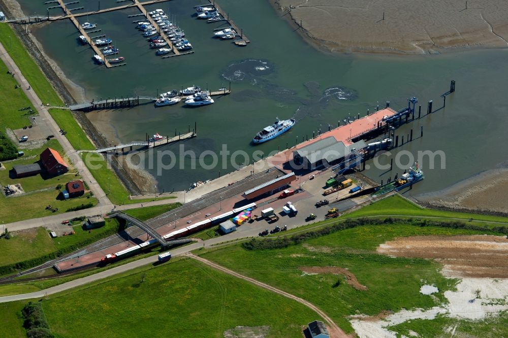 Aerial photograph Langeoog - Station railway building Bahnhof Langeoog of the Deutsche Bahn on Yachthafen Langeoog in Langeoog in the state Lower Saxony, Germany