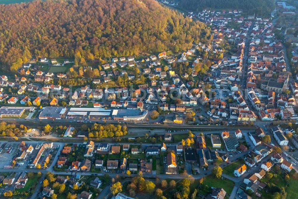 Marsberg from above - Train station railway building of Bahnhof Marsberg on Bahnstrasse in Marsberg in the state North Rhine-Westphalia, Germany