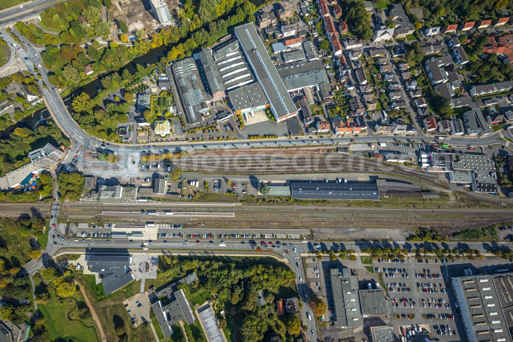 Aerial image Arnsberg - Track layout and station building of Neheim-Huesten station in Arnsberg in the state of North Rhine-Westphalia, Germany