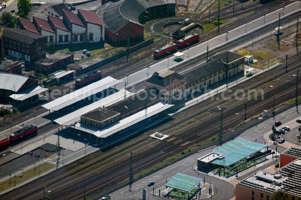 Bebra from above - Station railway building of trainstation Bebra of the Deutsche Bahn in the state Hesse, Germany