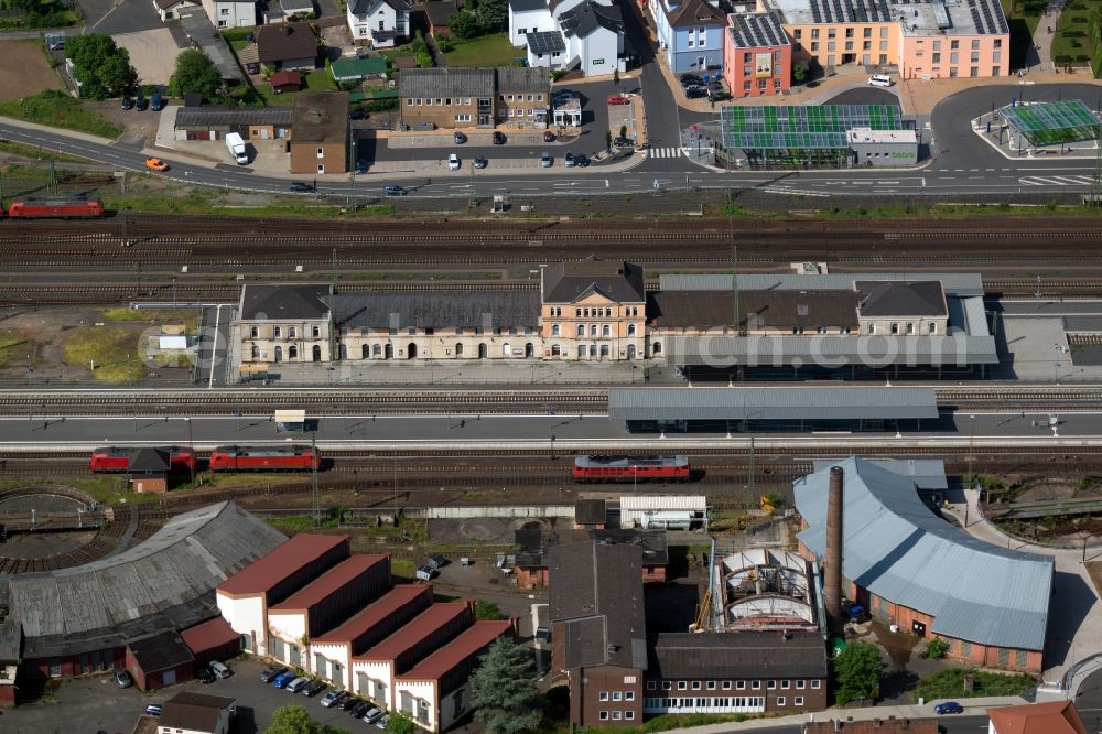 Bebra from above - Station railway building of trainstation Bebra of the Deutsche Bahn in the state Hesse, Germany