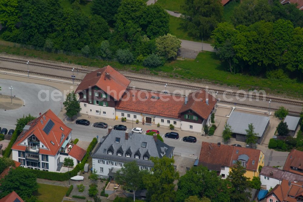 Aerial image Dießen am Ammersee - Train station railway building of trainstation Diessen on Bahnhofstrasse in Diessen am Ammersee in the state Bavaria, Germany